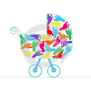 Baby stroller with colorful baby foot vector background