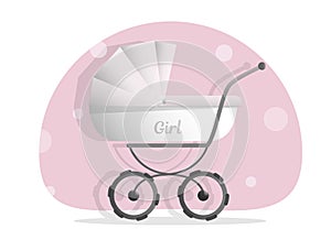 Baby stroller for girls, on white background. Cartoon pram illustrated. Trendy style for graphic design, Web