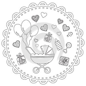 Baby stroller and hearts, Coloring book