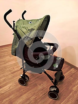 Baby stroller with a picture of a dinosaur. Baby stroller indoor