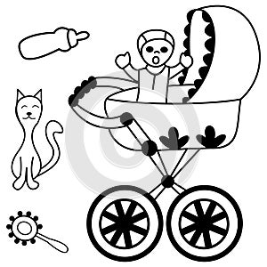 The baby in the stroller screaming, a cat, a rattle and a bottle with food, black and white vector illustration