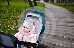 Baby in stroller on a walk in autumn park