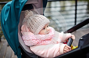 Baby in stroller on a walk in autumn park