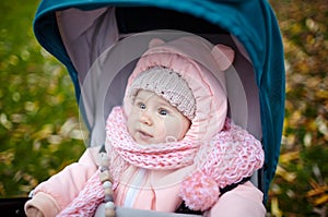 Baby in stroller on a walk in autumn park