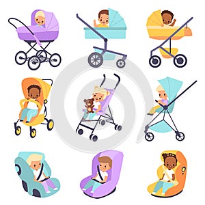 Baby strollers. Cute multiethnic children in buggies and car seats, kids walk transport, little boys and girls carriages