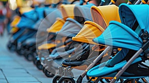 Baby strollers lined up on pavement on street