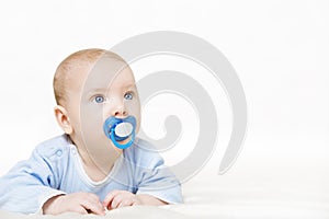 Baby Sucking Pacifier, Infant Kid Boy Raising Up Head with Dummy