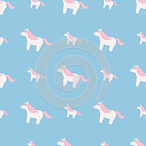 Baby sweet seamless doodle pattern with unicorn ornament. White and pink colored cute pony elements on blue background