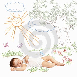 Baby sweet sleeping on a painted nature. Newborn. Infant
