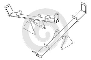 Baby swing - balancer for riding together, black and white contour isometric vector illustration