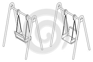 Baby swing with chair, black and white vector outline illustration in isometric view