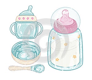 Baby tableware set. dishes and cutlery. bottle of milk, bowl, spoon, cup and glass