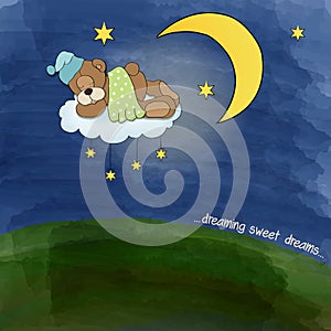 Baby teddy bear sleeping on cloud