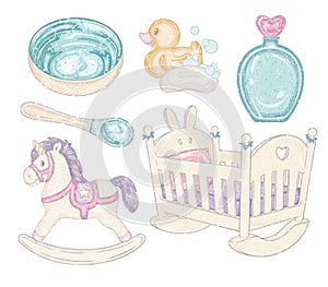 Baby things set. children`s bed, toys, dishes. kids wooden bed, plate, spoon, bowl, rocking horse, unicorn, rubber duck