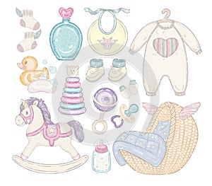 Baby things set. children`s things, toys and clothes. kids bed, milk bottle, rocking horse, unicorn, booties, rubber duck, pacifie