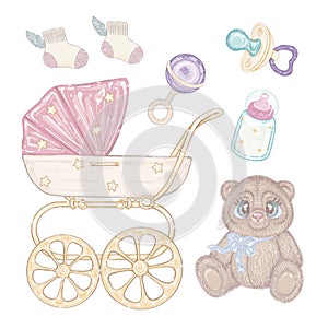 Baby things set. Kids` things for newborn. toys, clothes and baby carriage. teddy bear, kids bed, milk bottle, booties, pacifier,