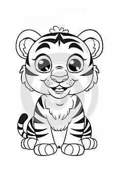 Baby tiger cartoon with happy face, smile, and bright eyes sitting down. sketch. photo