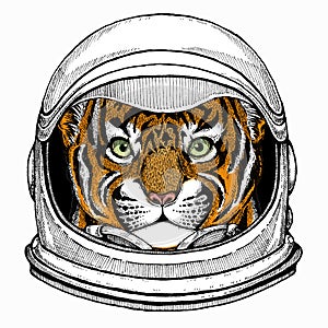 Baby tiger, small little tiger for children. Astronaut animal. Vector portrait. Cosmos and Spaceman. Space illustration