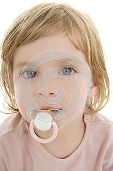 Baby toddler blond hair blue eyes and pacifier