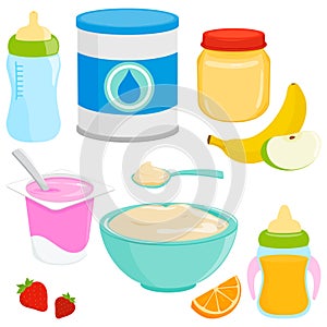 Baby and toddler food, milk and juice. Cereal, fruit and vegetable puree, formula milk, kids and baby yogurt. Vector illustration