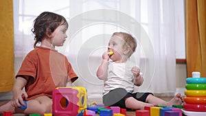 baby toddler group playing with toys. happy family a kid dream concept. baby toddler playing on the floor indoors with
