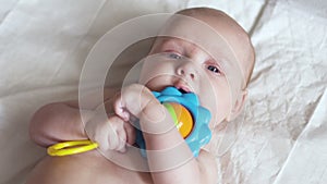 Baby toddler lies on napkin on back with a toy in hands and tries to nibble it