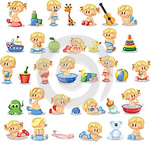 Baby toddler set with babies in diapers. Crawling, sitting, standing, playing, sleeping. African american baby. Vector