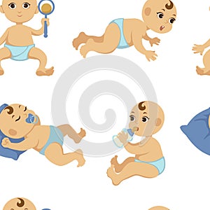 Baby toddler vector flat character seamless pattern.