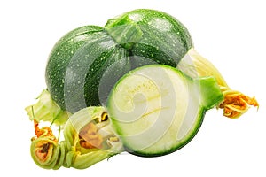 Baby Tondo zucchini with flower, one  fruit halved, isolated photo