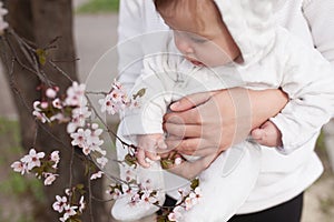 Baby touching flowers. children`s hands closeup