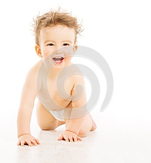 Baby with tousled hairs, active boy in diaper