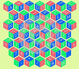 Baby toy building blocks. Vector alphabet blocks. Kids alphabet and numbers block set. 3 D isometric Cubes. Letters numbers and s