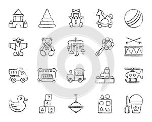 Baby Toy charcoal draw line icons vector set