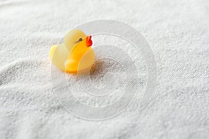 Baby toy duck on white towel with place for text. child bath