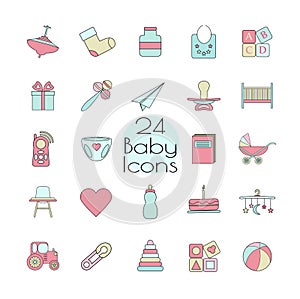 Baby, toy, feed and care24 colorful ready to use isolated icons on white background.
