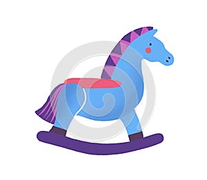 Baby toy flat vector illustration. Blue rocking horse isolated on white background. Old fashioned colorful child toy