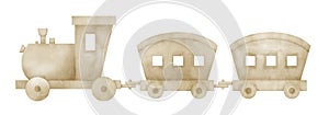 Baby Toy Train. Watercolor hand drawn illustration of vehicle for little Boy. Wooden Transport on isolated background