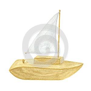 Baby toy wooden boat white sail for kid game. Funny sailboat for little boy. Hand drawn watercolor illustration isolated