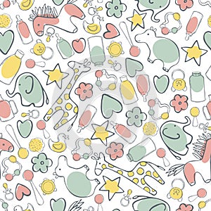 Baby toys and accessories. Vector  seamless pattern