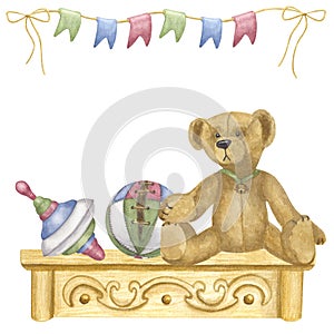 Baby toys antique brown teddy bear, with bell on green ribbon. Ball, spinning top on wooden shelf. Flags garland. Hand