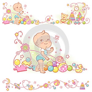 Baby and toys borders. decorative elements frame.