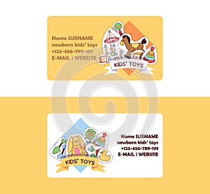 Baby toys business card vector cartoon kids games duck pyramid for children in baby shop and advertisement child store