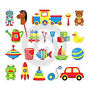 Baby toys. Child play game stuff set. Vector isolated icon of kid toys