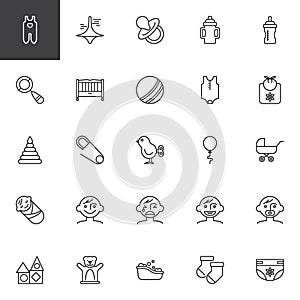 Baby toys and feeding line icons set
