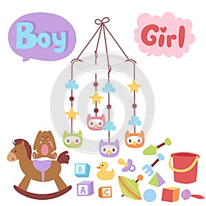 Baby toys icons cartoon family kid toyshop design cute boy and girl childhood art diaper drawing graphic love rattle fun