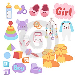 Baby toys icons cartoon family kid toyshop design cute boy and girl childhood art diaper drawing graphic love rattle fun