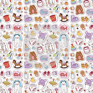 Baby toys icons cartoon family kid toyshop design cute boy and girl childhood art diaper love rattle seamless pattern photo