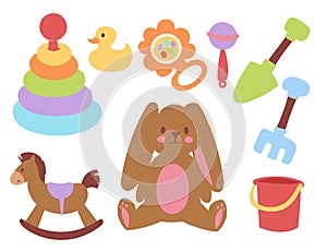 Baby toys icons cartoon family kid toyshop design cute boy and girl childhood art diaper drawing graphic love rattle fun photo