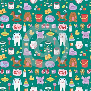 Baby toys icons cartoon family kid toyshop design cute boy and girl childhood art diaper love rattle seamless pattern