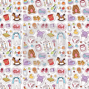 Baby toys icons cartoon family kid toyshop design cute boy and girl childhood art diaper love rattle seamless pattern